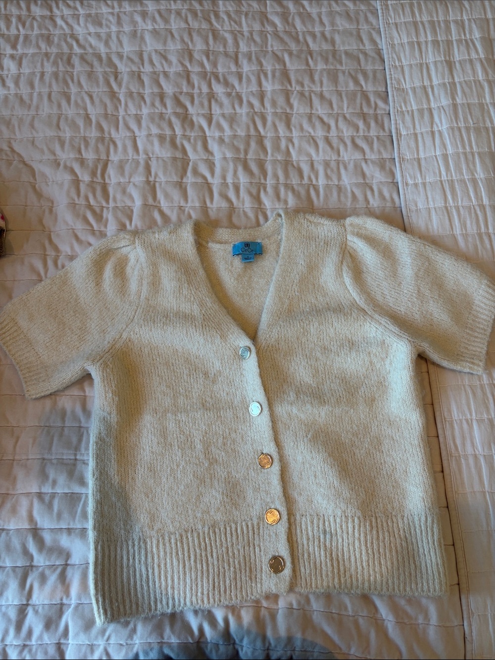 CeCe Cream Short-Sleeve V-Neck Button Cardigan Sweater